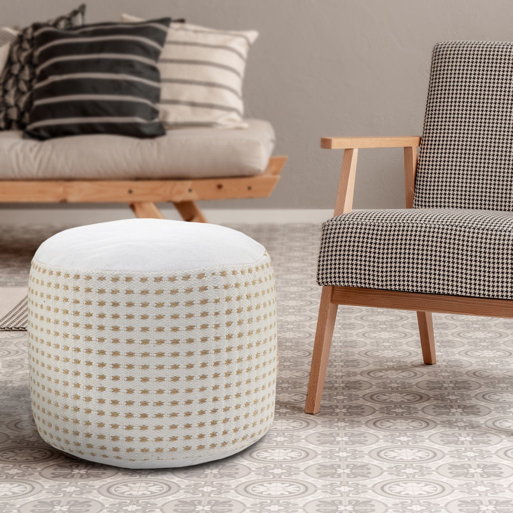 Jute Round Geometric Pouf Ottoman - White