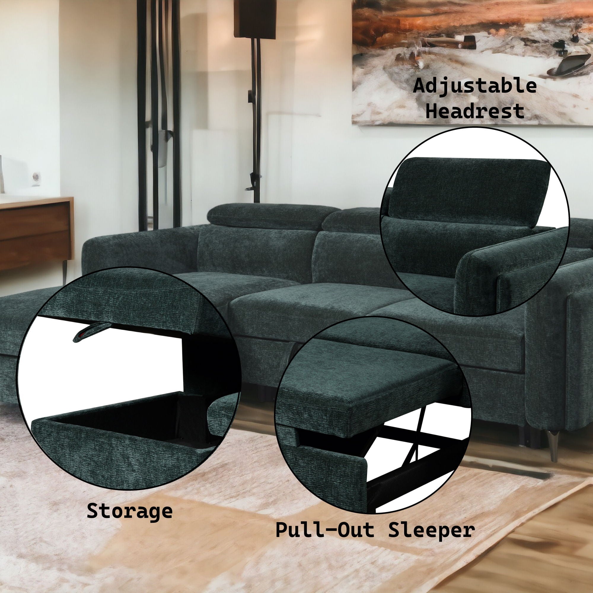 Zadok - Chenille Sectional Sofa With Sleeper & Storage - Green