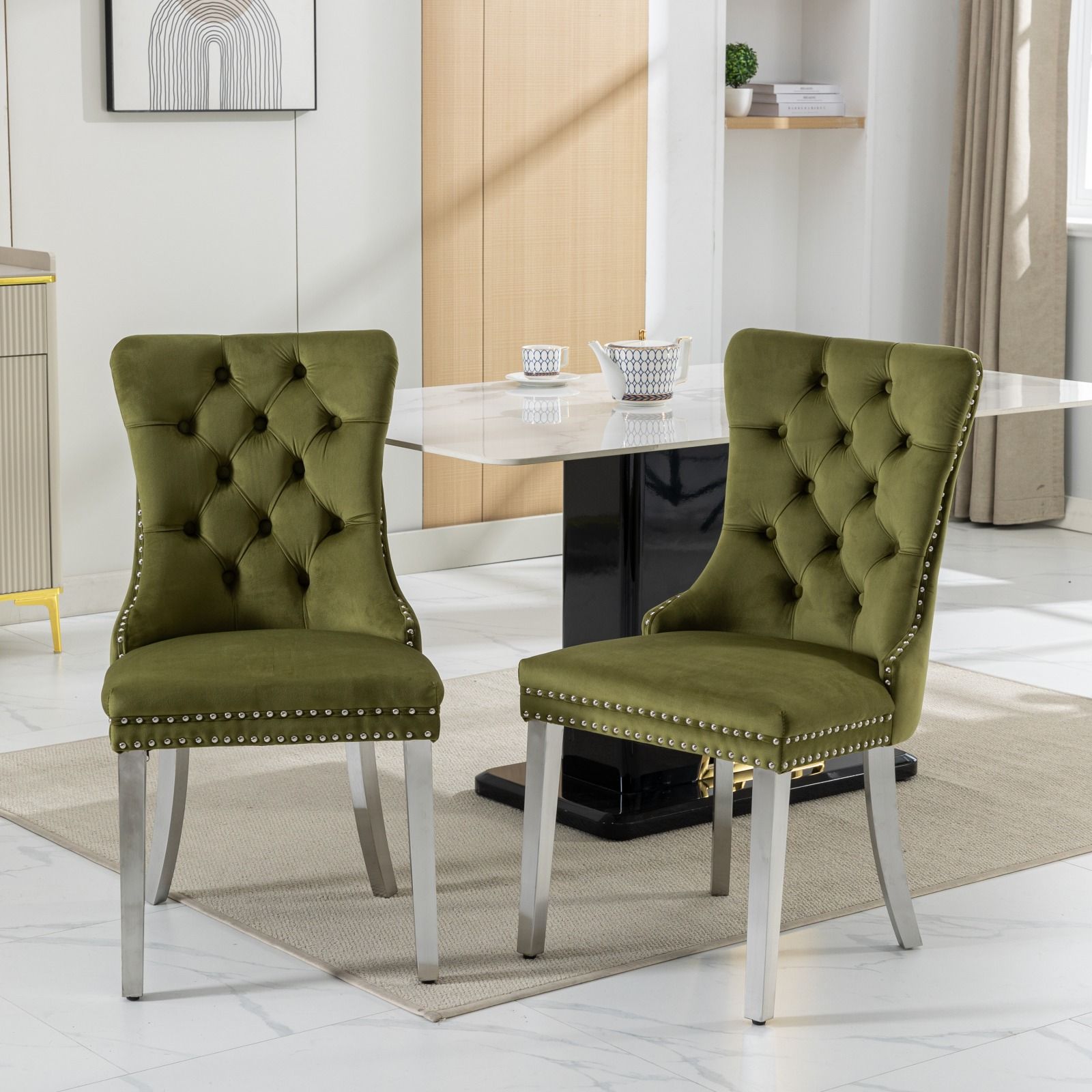 Nikki - Modern, High-End Tufted Solid Wood Contemporary Velvet Upholstered Dining Chair With Chrome Stainless Steel Plating Legs, Nailhead Trim (Set of 2)