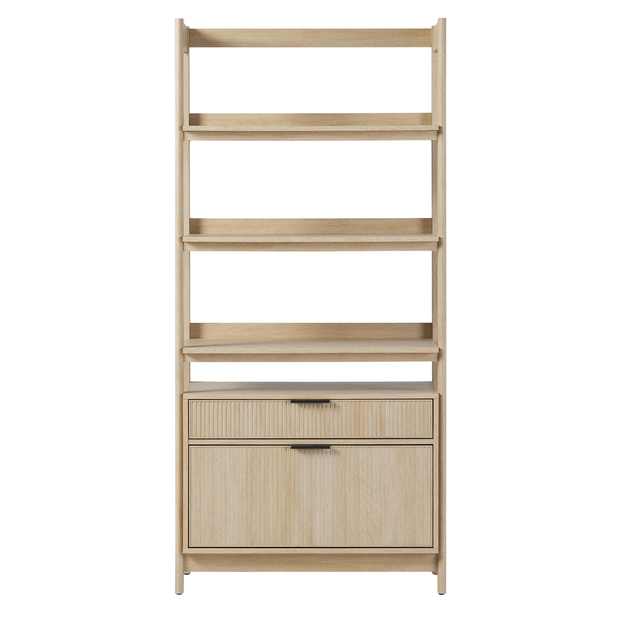 Transitional Wide Reeded Bookshelf With Drawers On Bottom - Oak