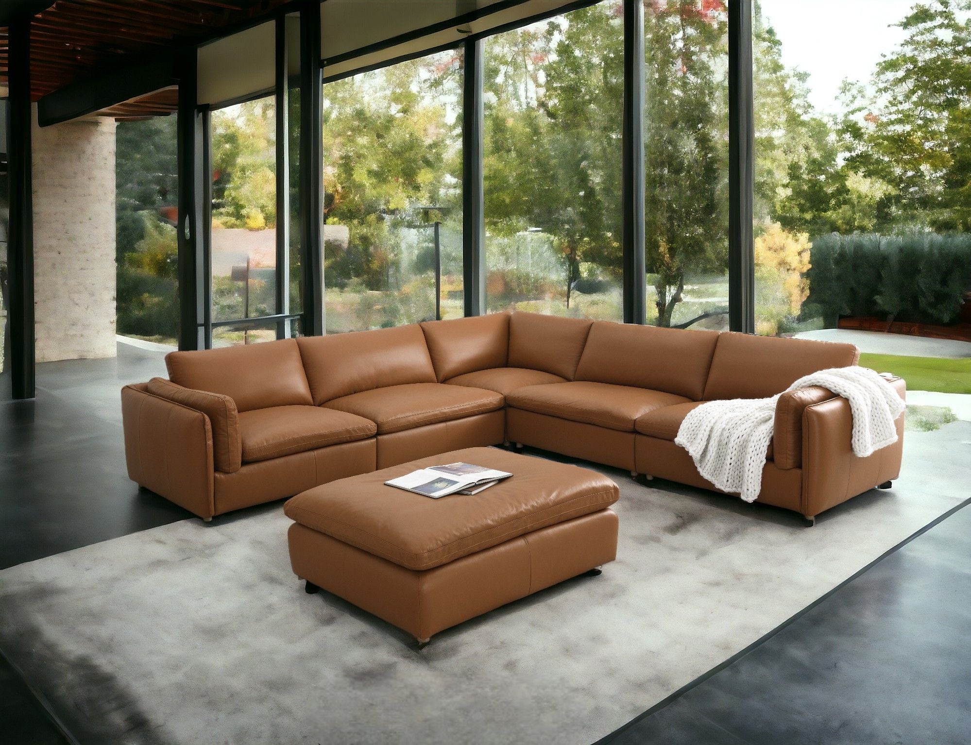 Brighton - Top Grain Leather 6 Pieces Modular Sectional With 1 Ottoman - Brown