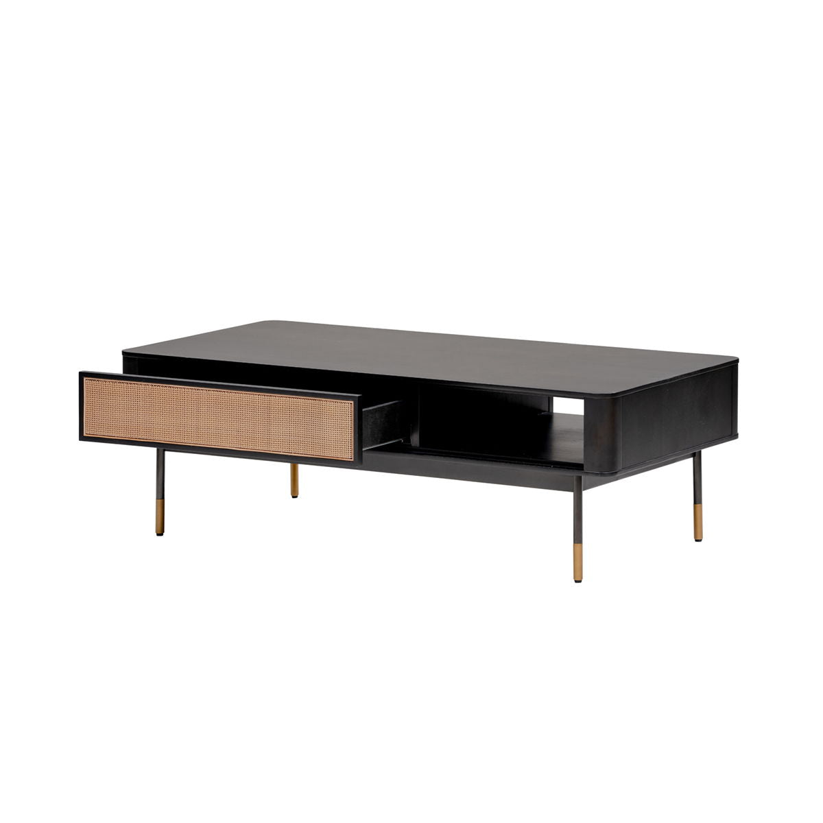 Solid Wood And Steel Coffee Table With Drawer And Shelf - Black / Brown