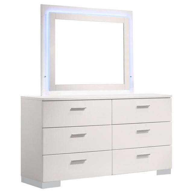 Felicity - 6-Drawer Dresser With LED Mirror - White High Gloss by CoasterEssence | Bel Furniture