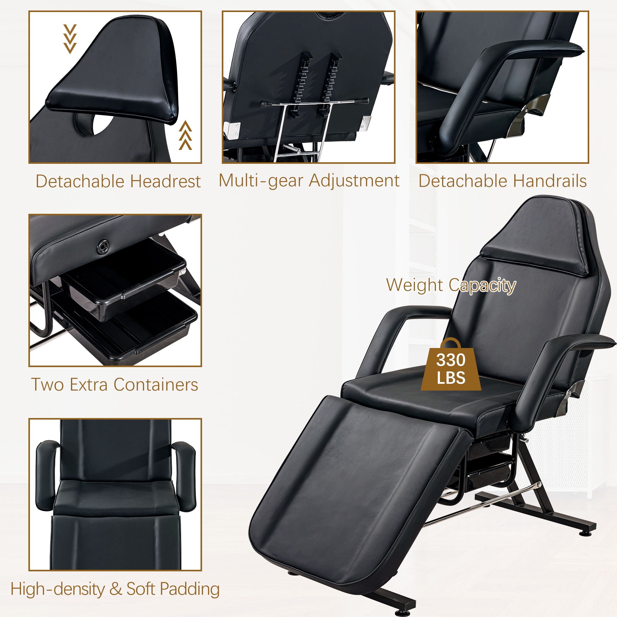 72.8" Massage Salon Tattoo Chair With Two Trays Esthetician Bed With Hydraulic Stool, Multi-Purpose 3-Section Facial Bed Table, Adjustable Beauty Barber Spa Beauty Equipment