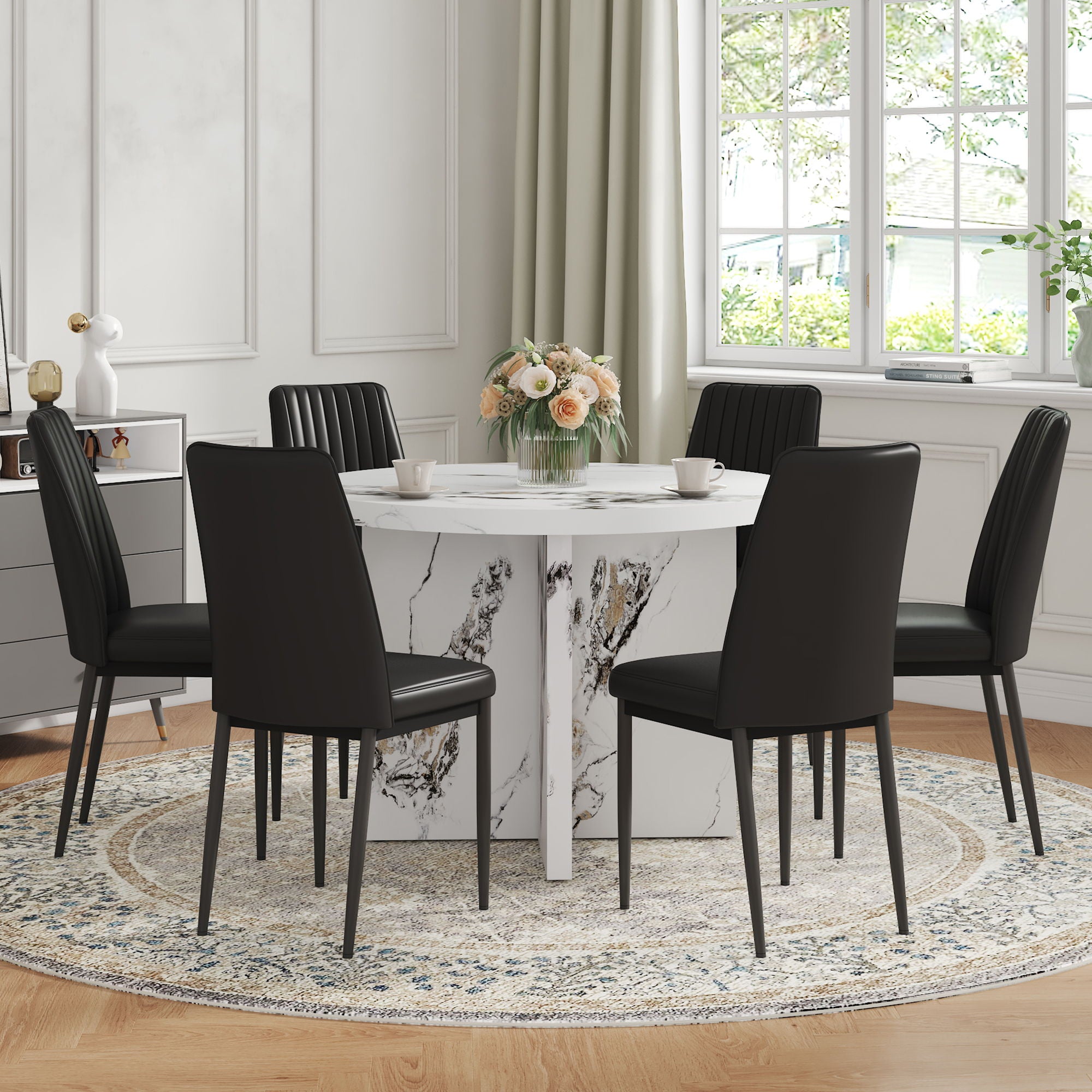 7 Piece Round Dining Table Set, Modern Round Table And 6 Upholstered Chairs For Dining Room, Kitchen Room, Living Room - White / Black