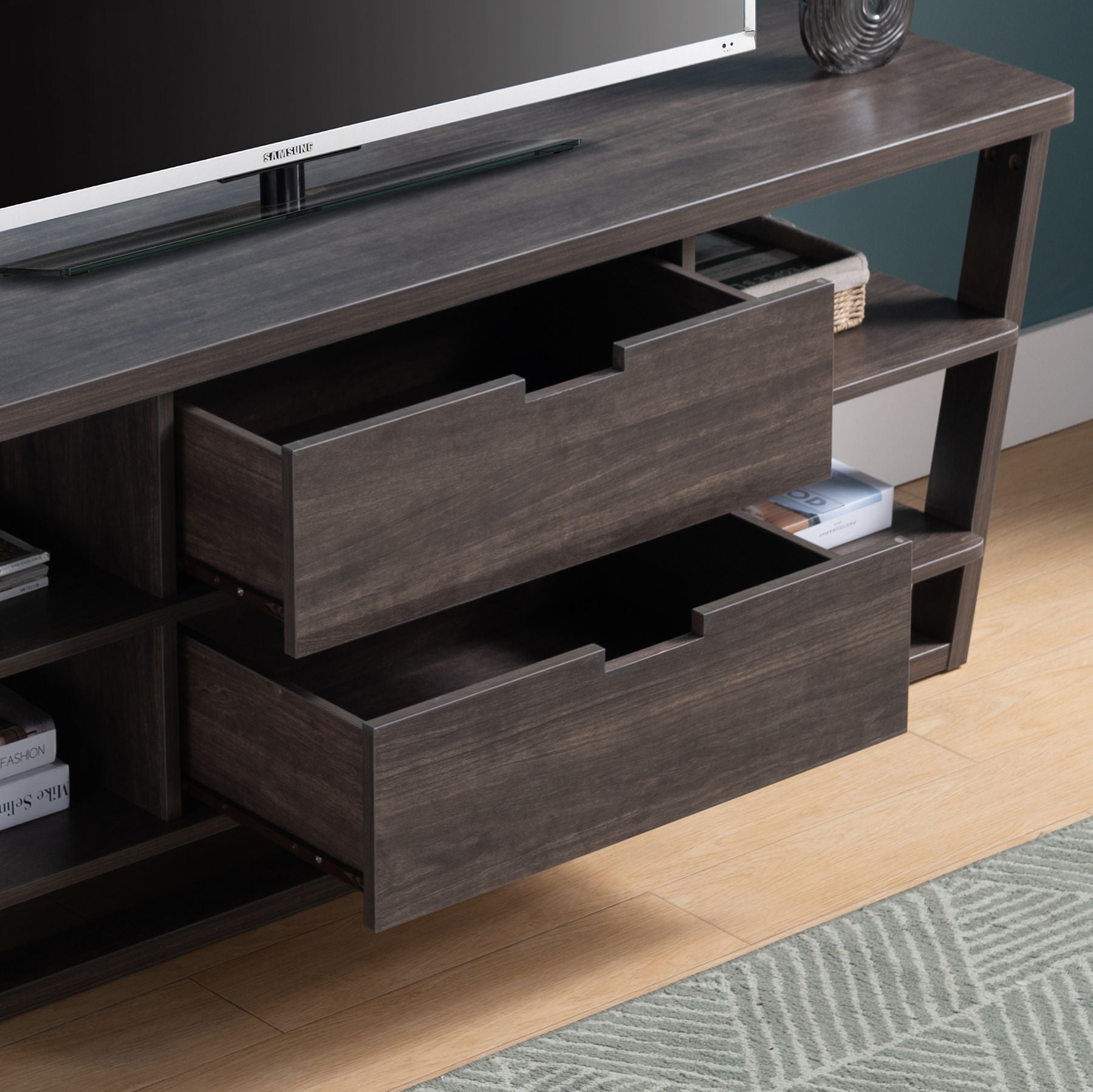 TV Stand With Four Open Shelves And Two Drawers With Cutout Handles - Dark Brown