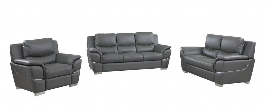 Three Piece Indoor Genuine Leather Six Person Seating Set - Gray