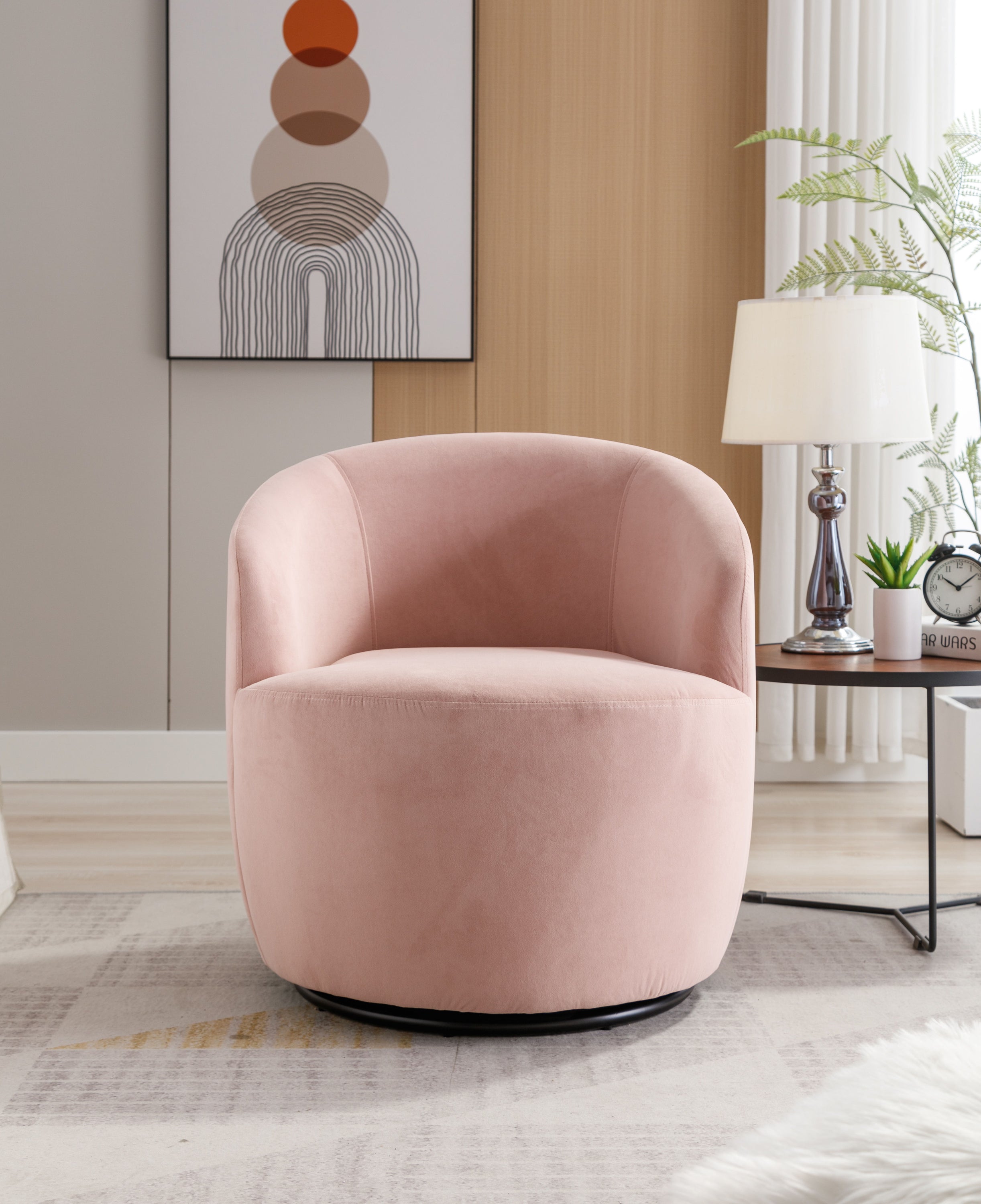 Velvet Fabric Swivel Accent Armchair Barrel Chair With Powder Coating Metal Ring