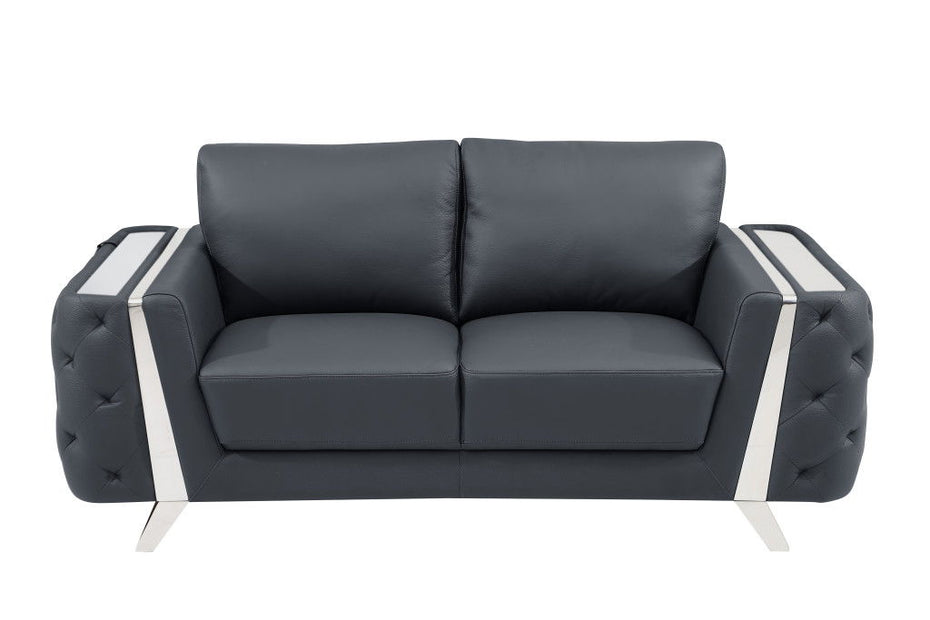 Genuine Leather Loveseat - Dark Gray / Silver