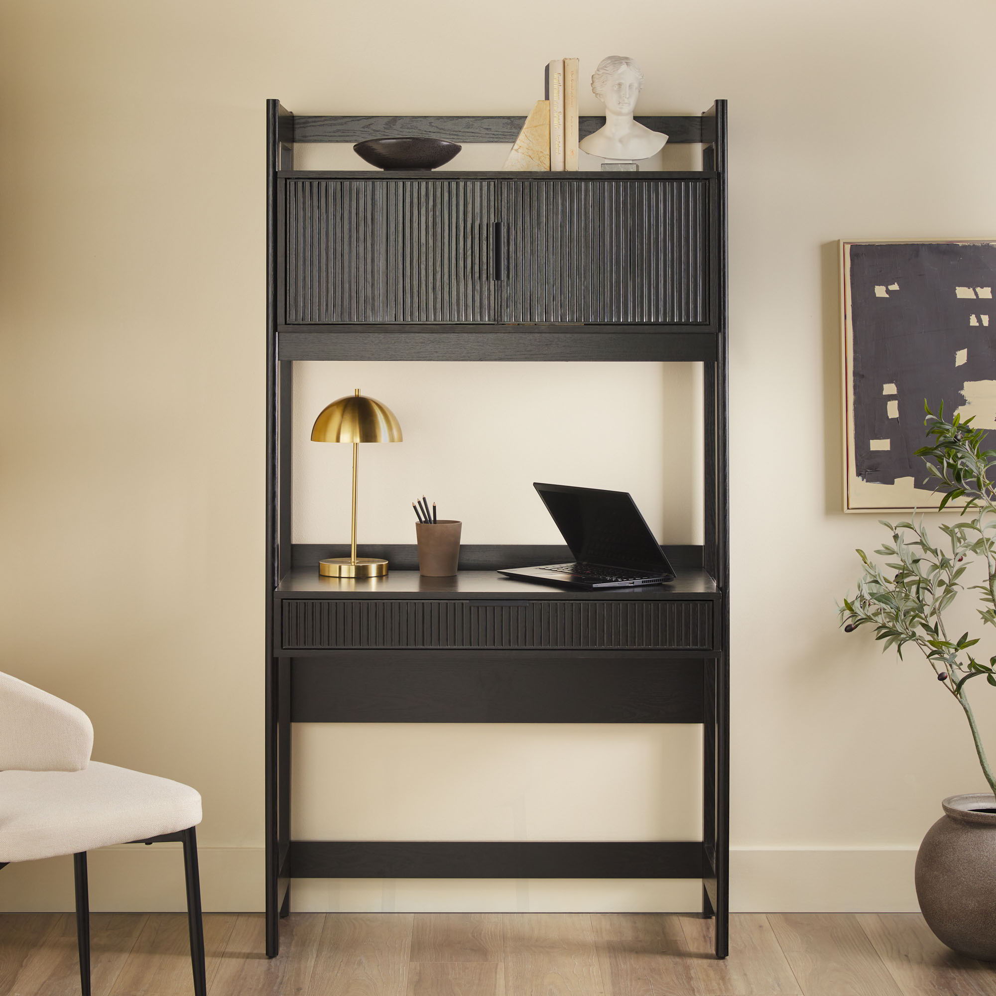 Transitional Reeded Desk With Hutch And Drawers Plus Tech Management