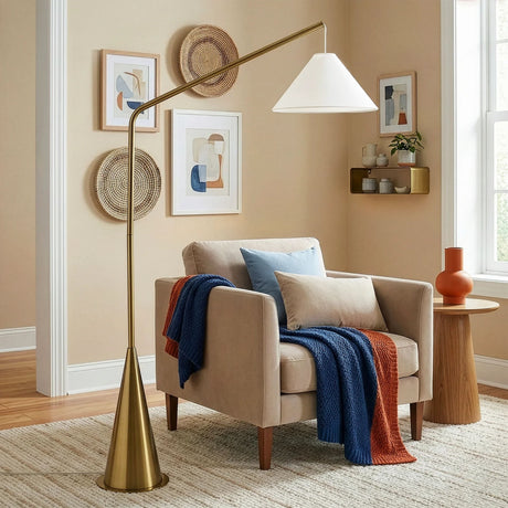 Lisbon - Floor Lamp With On / Off Switch Coned Base Hanging Shade - Antique Brass / White - view 5