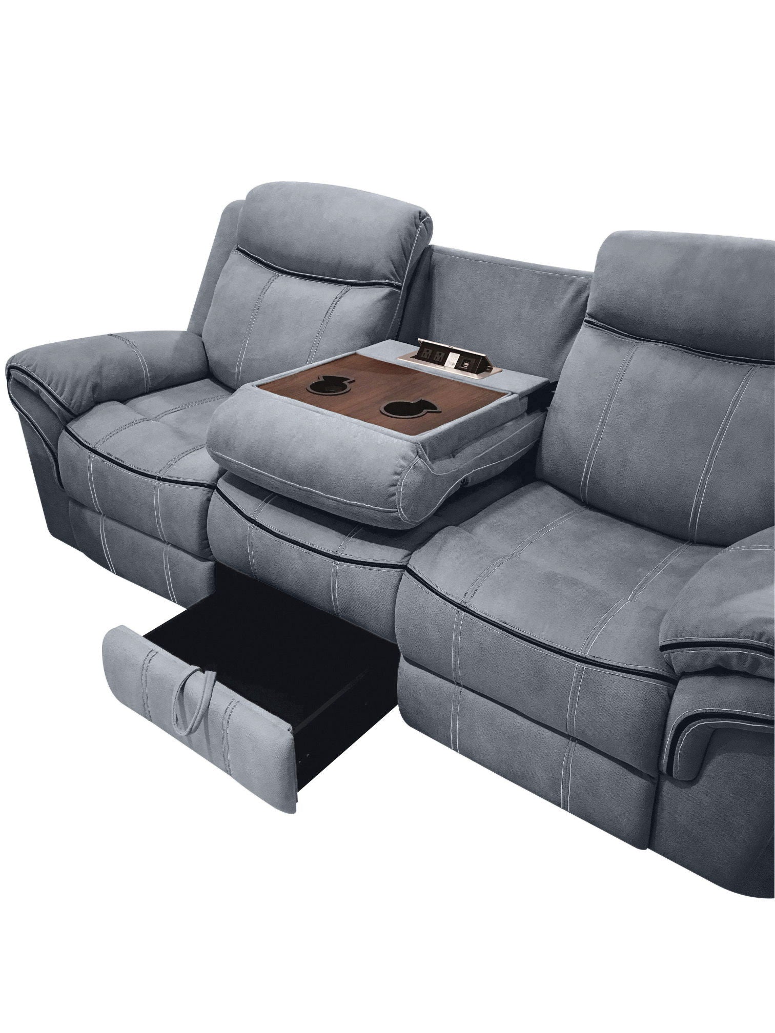 Zubaida - Two Tone Velvet Recliner Sofa With USB Port Drop Down Table