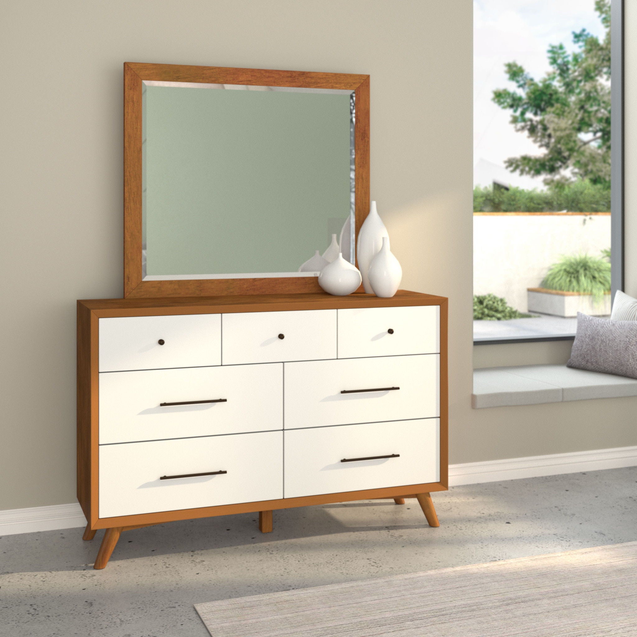 Solid Wood 7 Drawer Double Dresser - Brown / White