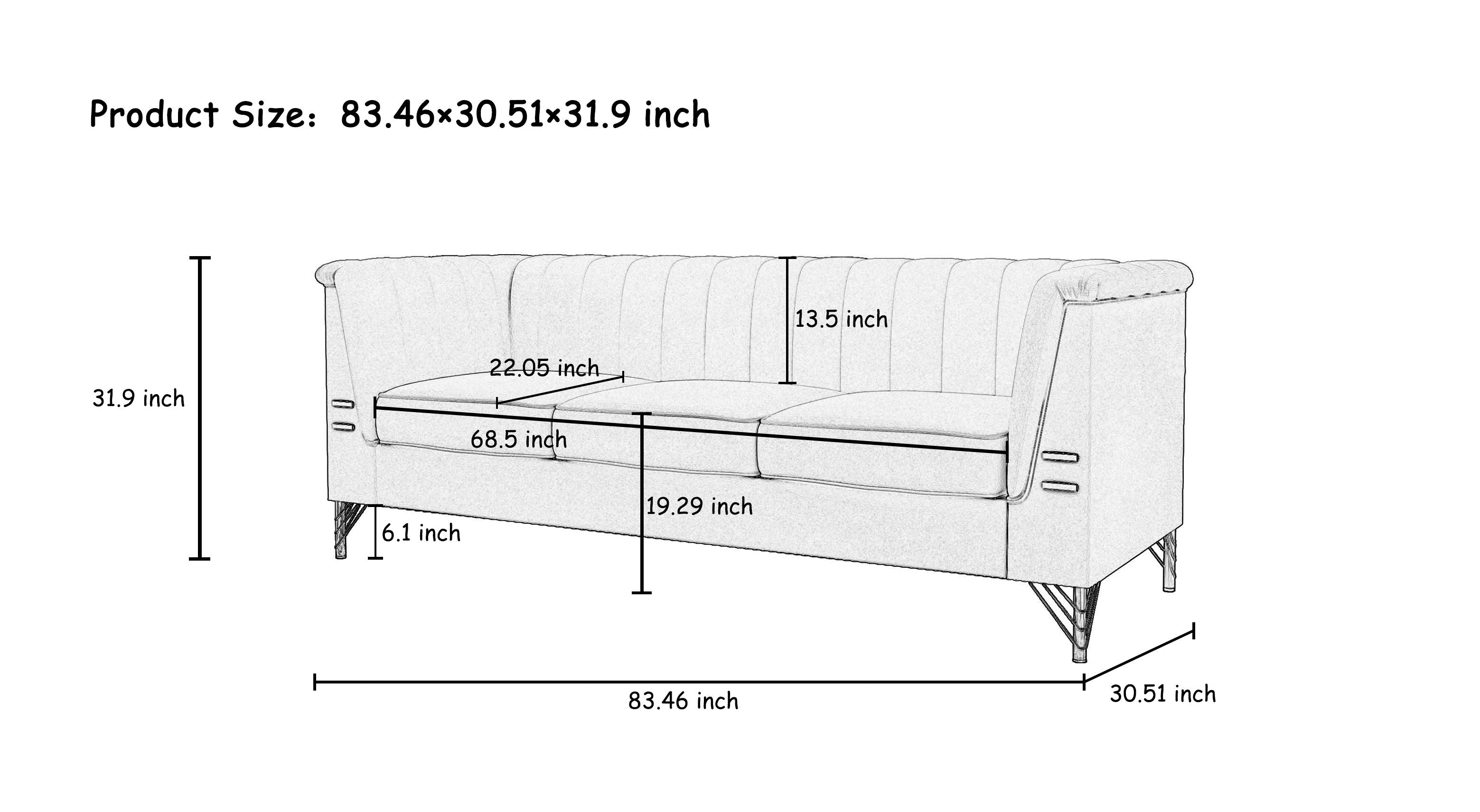 Modern Chenille Sofa, Upholstered Couch With Bolster Armrest, 3-Seat Sofa For Living Room, Bedroom, Office, Apartment, Dorm