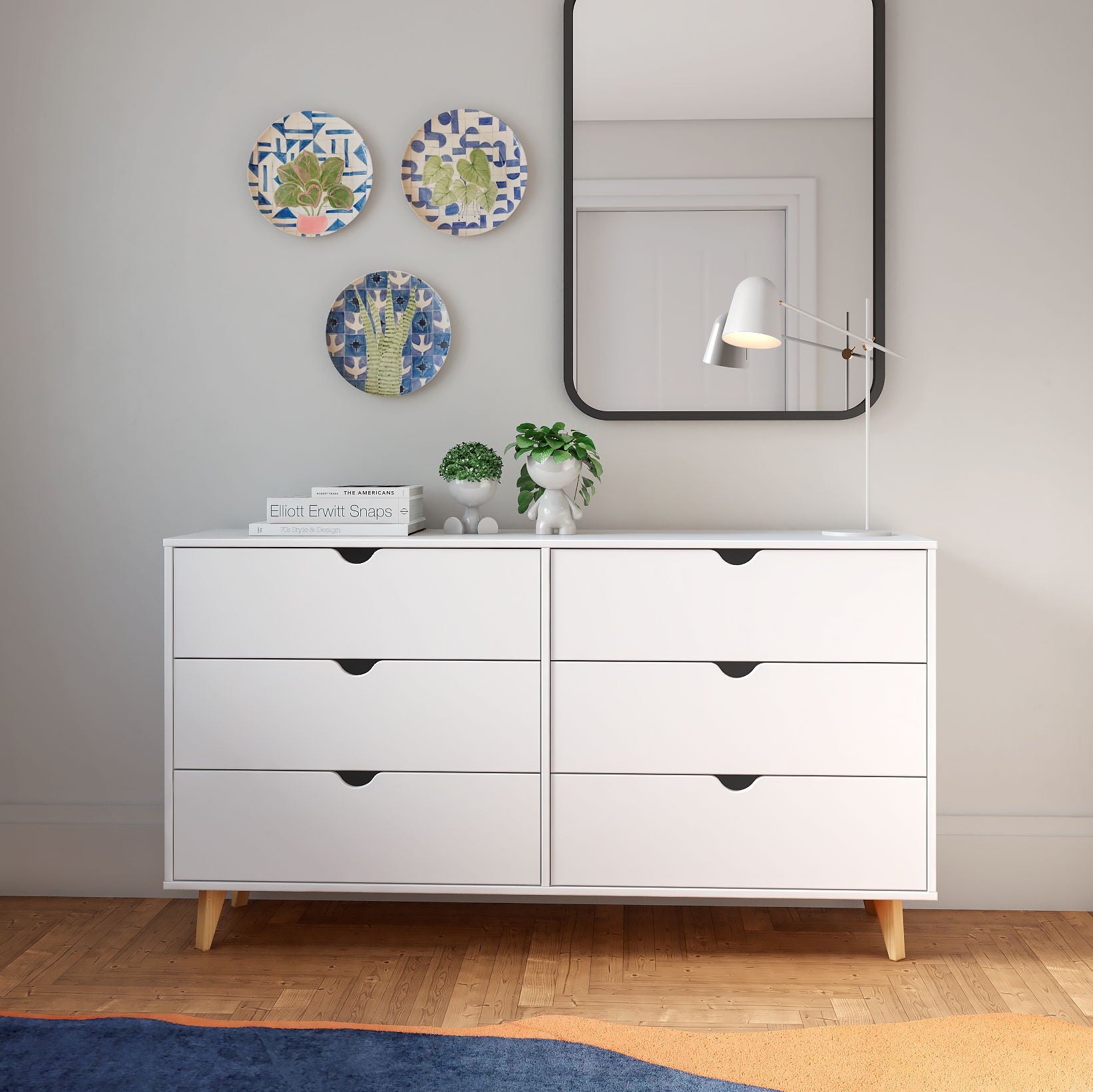 Scoop Handle Six Drawer Double Dresser - White