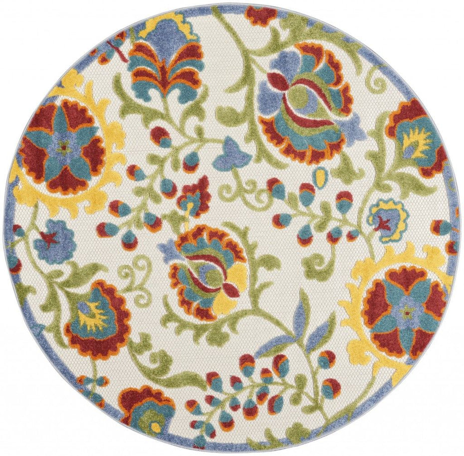 4' Round Round Floral Outdoor & Indoor Area Rug - Green / Ivory