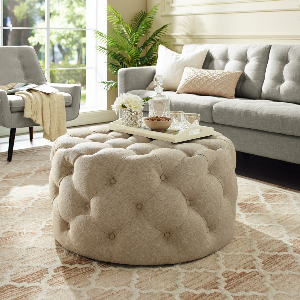 Linen Rolling Tufted Round Cocktail Ottoman - Beige