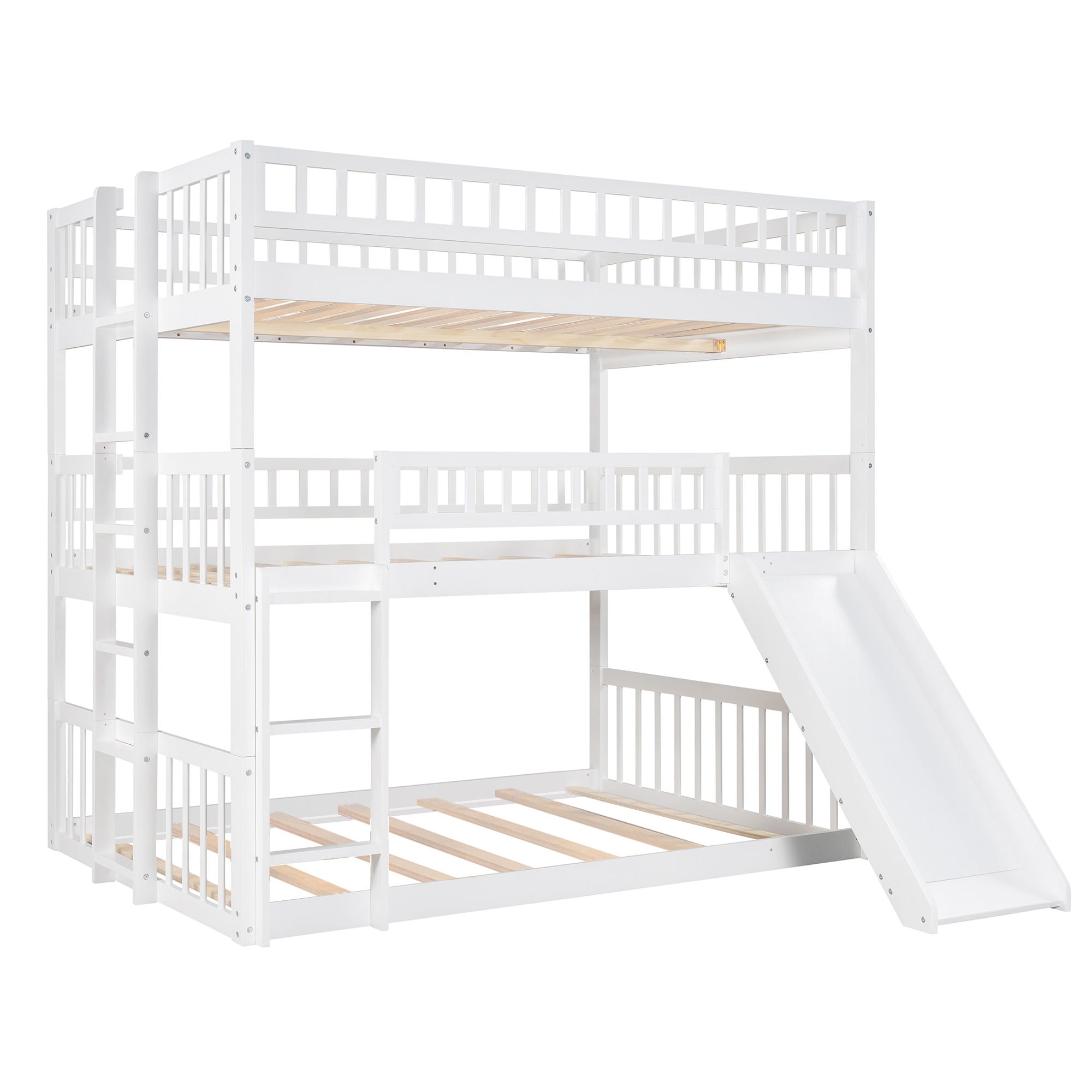 Full Over Full Over Full Triple Bed With Built-In Ladder And Slide, Triple Bunk Bed With Guardrails - White