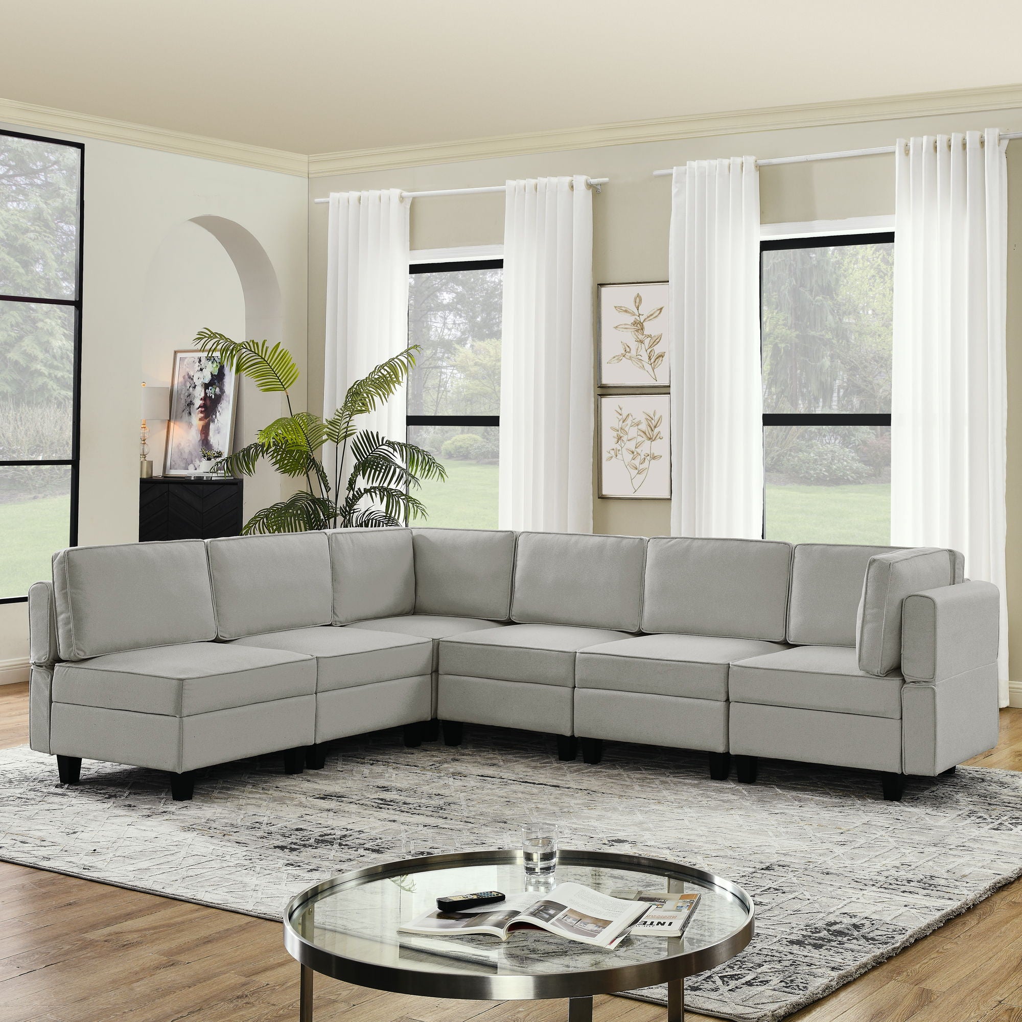 Linen Modular Sectional Sofa, U Shaped Couch With Adjustable Armrests And Backrests, 6 Seat Reversible Sofa Bed With Storage Seats For Living Room - Gray White