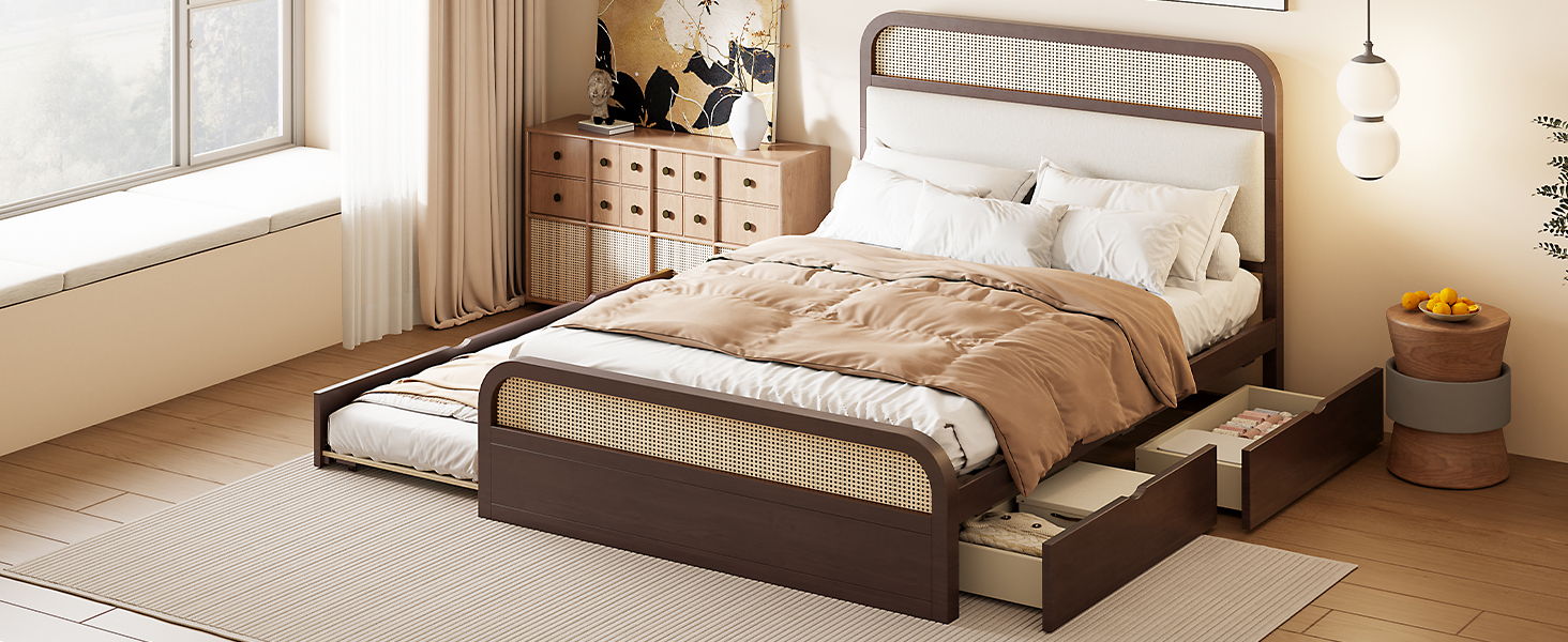 Wooden Platform Bed With Trundle And 2 Drawers