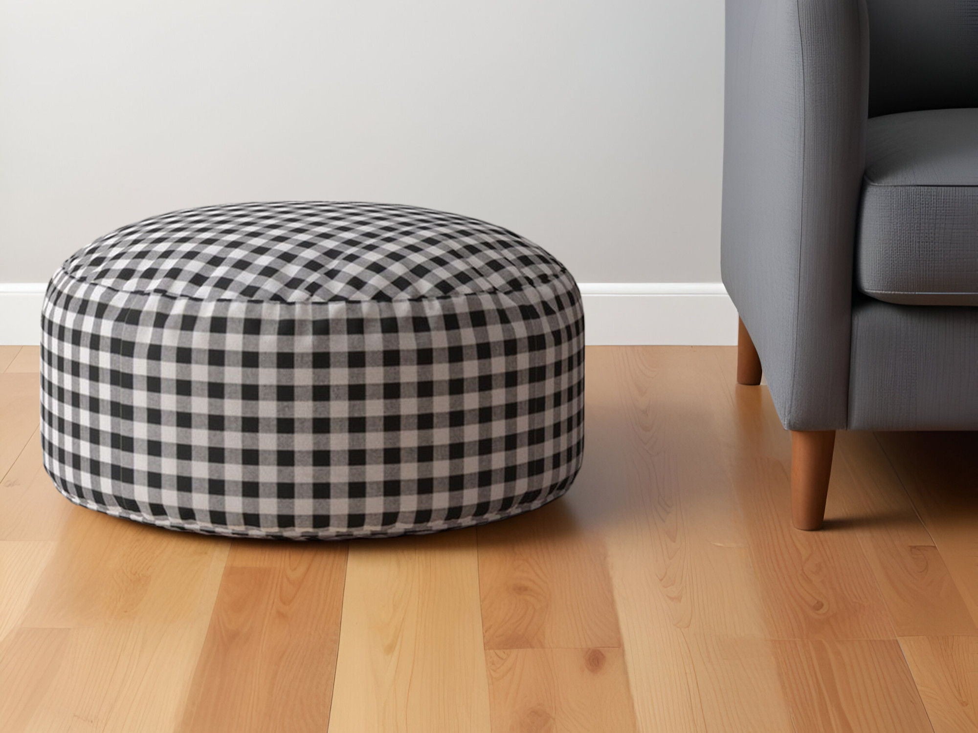 Cotton Round Gingham Pouf Ottoman - Gray / Black