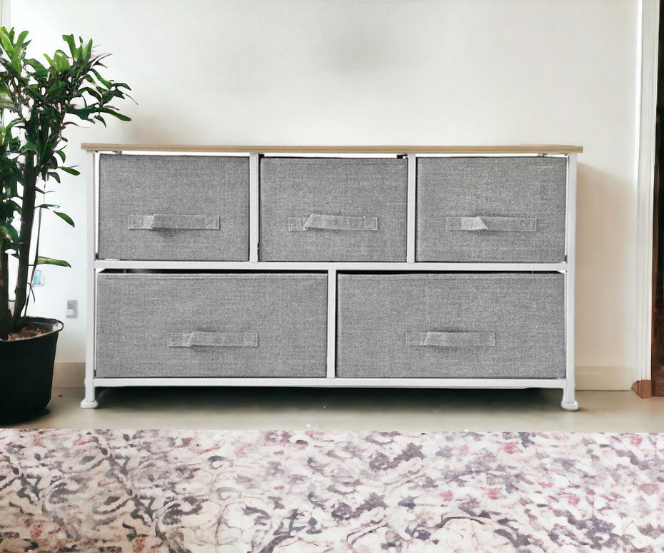 Steel And Fabric Five Drawer Dresser - Gray / White