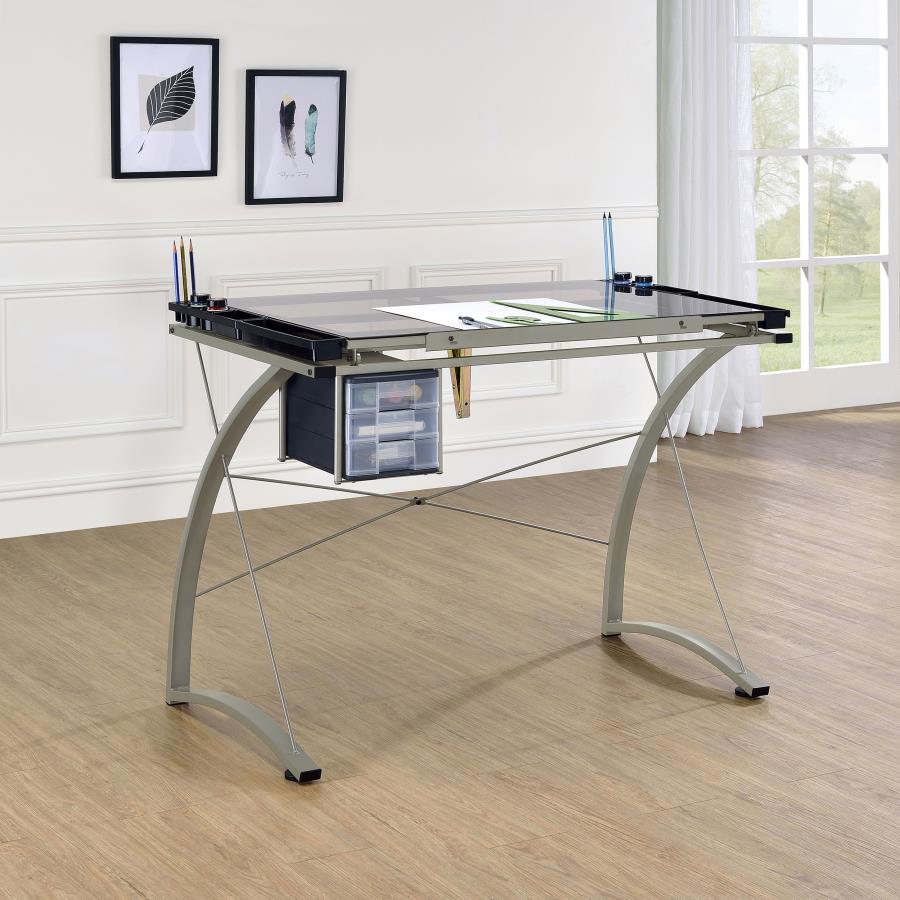 Melo - Glass Top Drafting Table With Storage - Silver