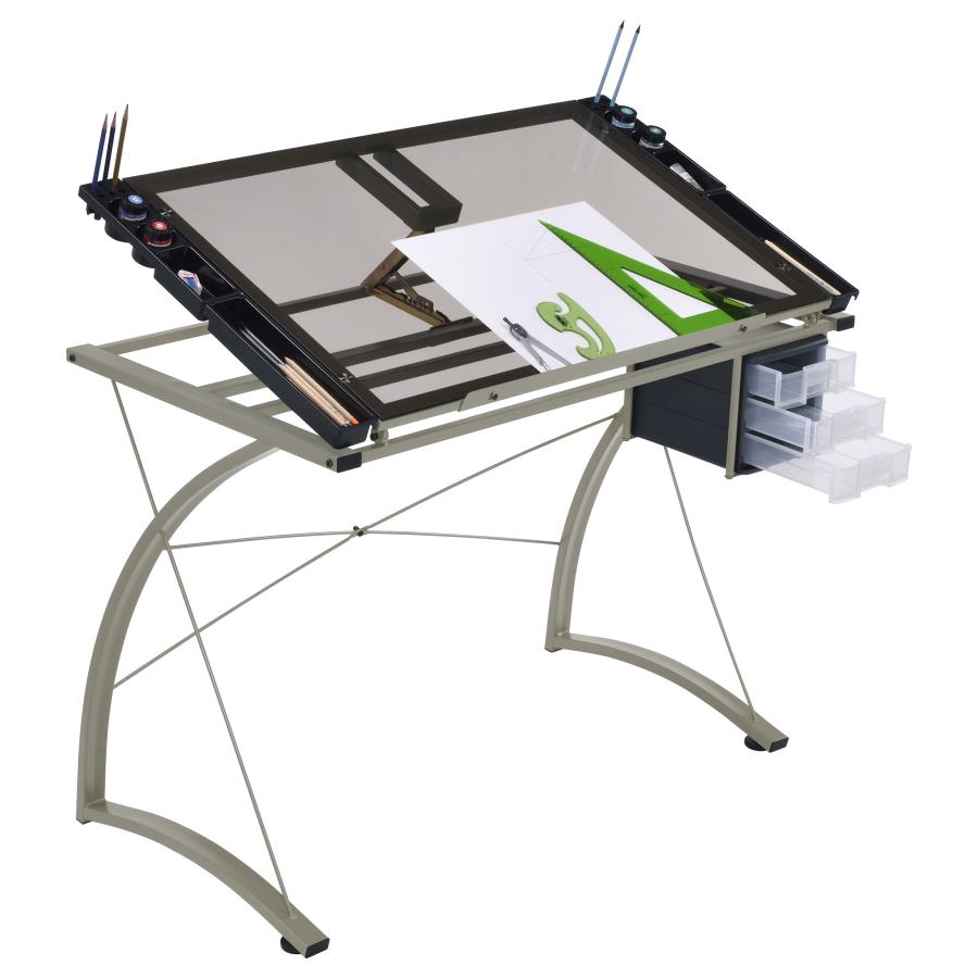 Melo - Glass Top Drafting Table With Storage - Silver