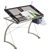 Melo - Glass Top Drafting Table With Storage - Silver