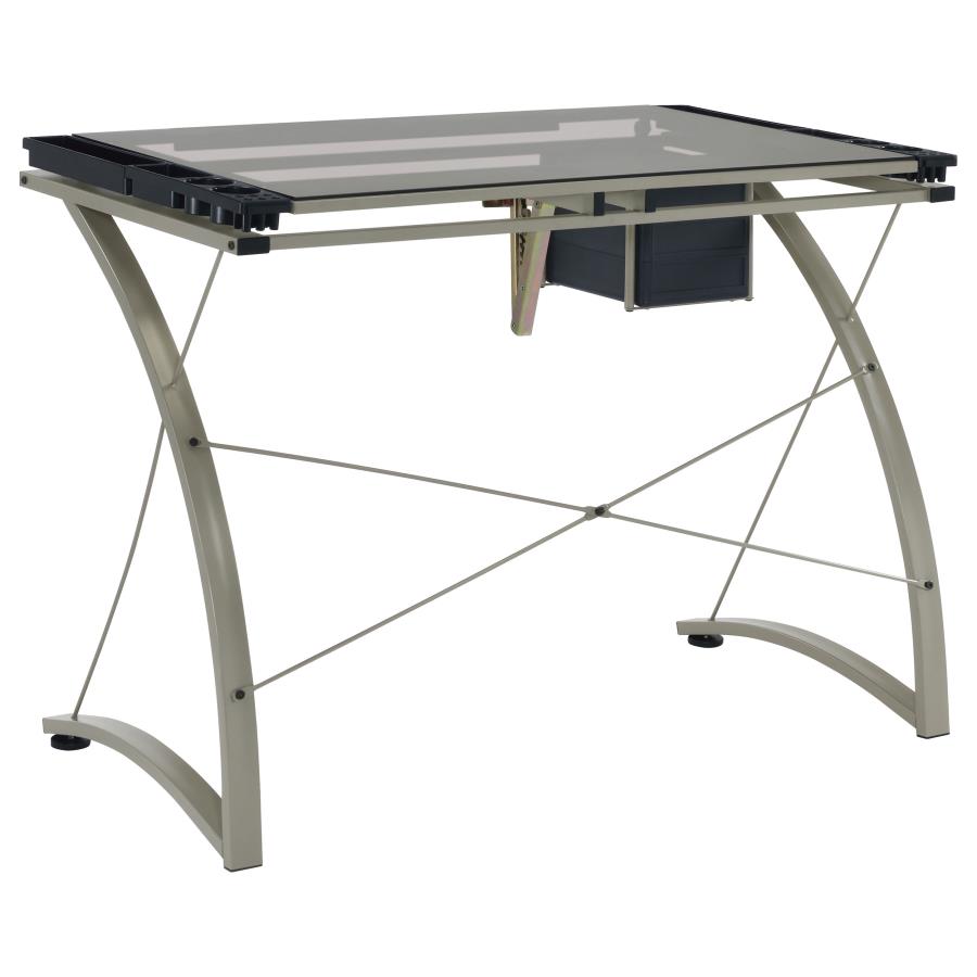 Melo - Glass Top Drafting Table With Storage - Silver