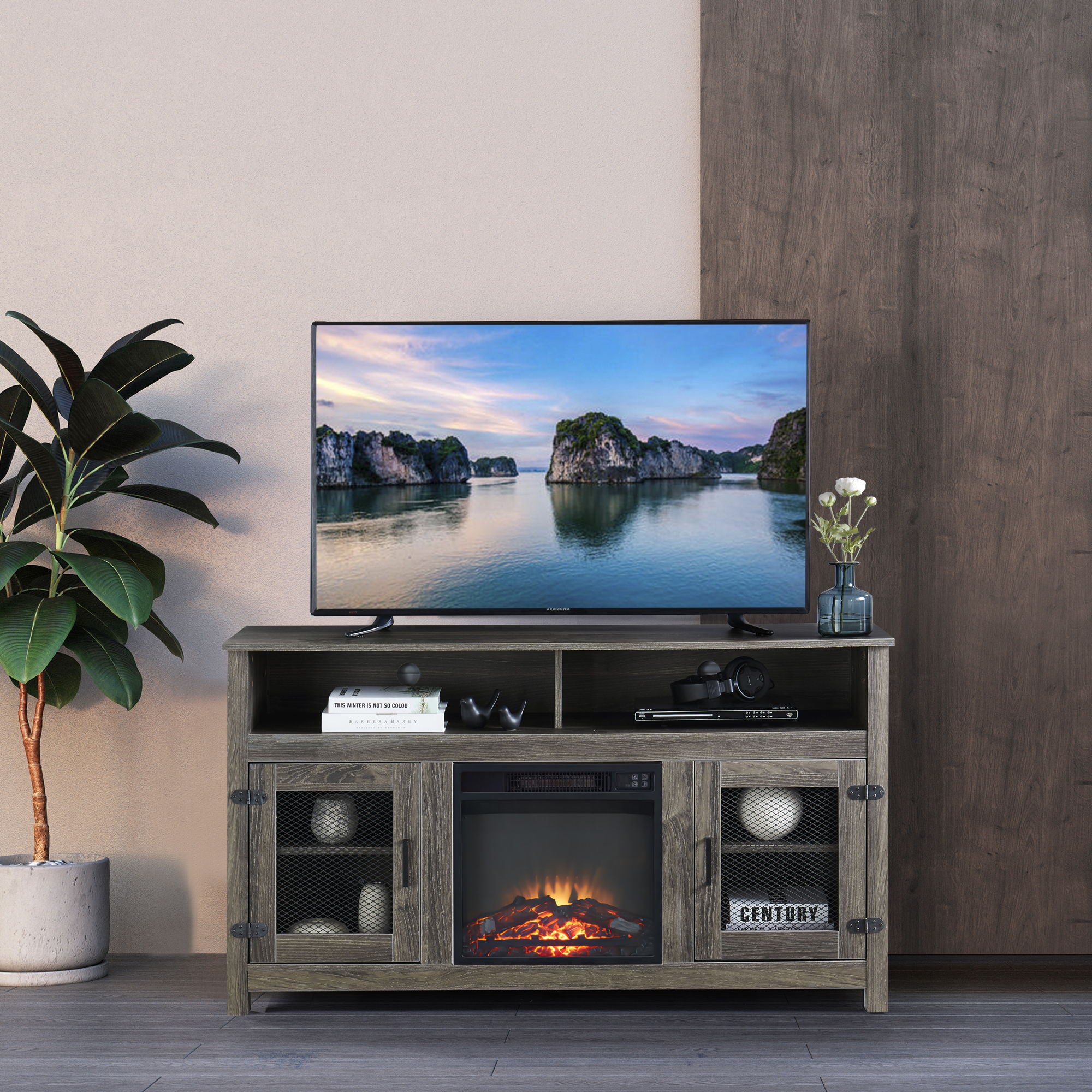 Modern Farmhouse TV Stand With Electric Fireplace, Fit Up To Flat Screen TV With Storage Cabinet And Adjustable Shelves Industrial Entertainment Center For Living Room - Gray