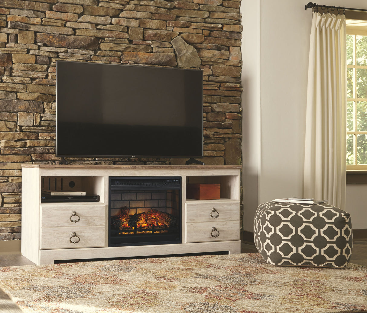 Willowton - Whitewash - 2 Pc. - 64" TV Stand with Faux Firebrick Fireplace Insert by Signature Design by Ashley® | Bel Furniture