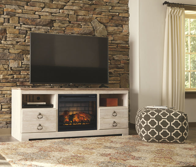 Willowton - Whitewash - 2 Pc. - 64" TV Stand with Faux Firebrick Fireplace Insert by Signature Design by Ashley® | Bel Furniture