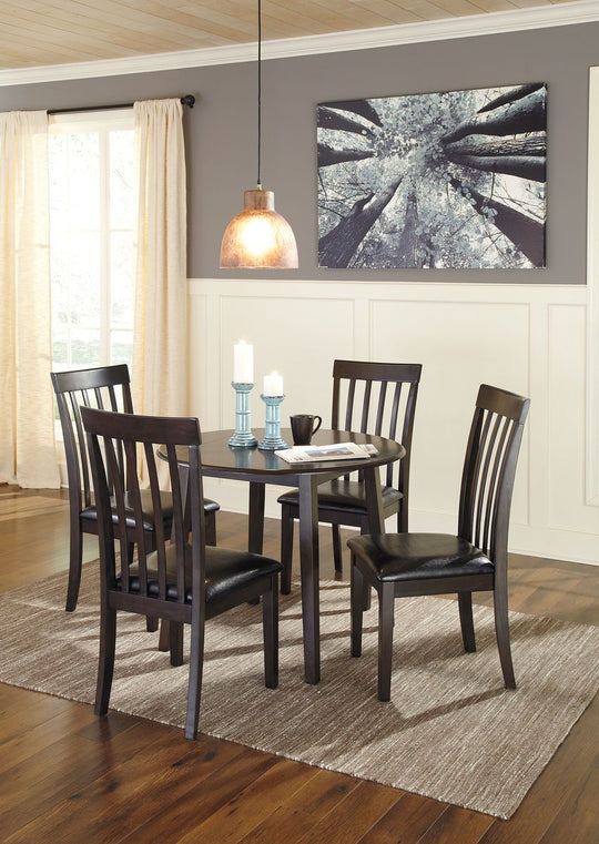 Hammis - Round Dining Drop Leaf Table Set Dark Brown 5 Pc. - Round Dining Room Drop Leaf Table, 4 Upholstered Side Chairs by Signature Design by Ashley® | Bel Furniture