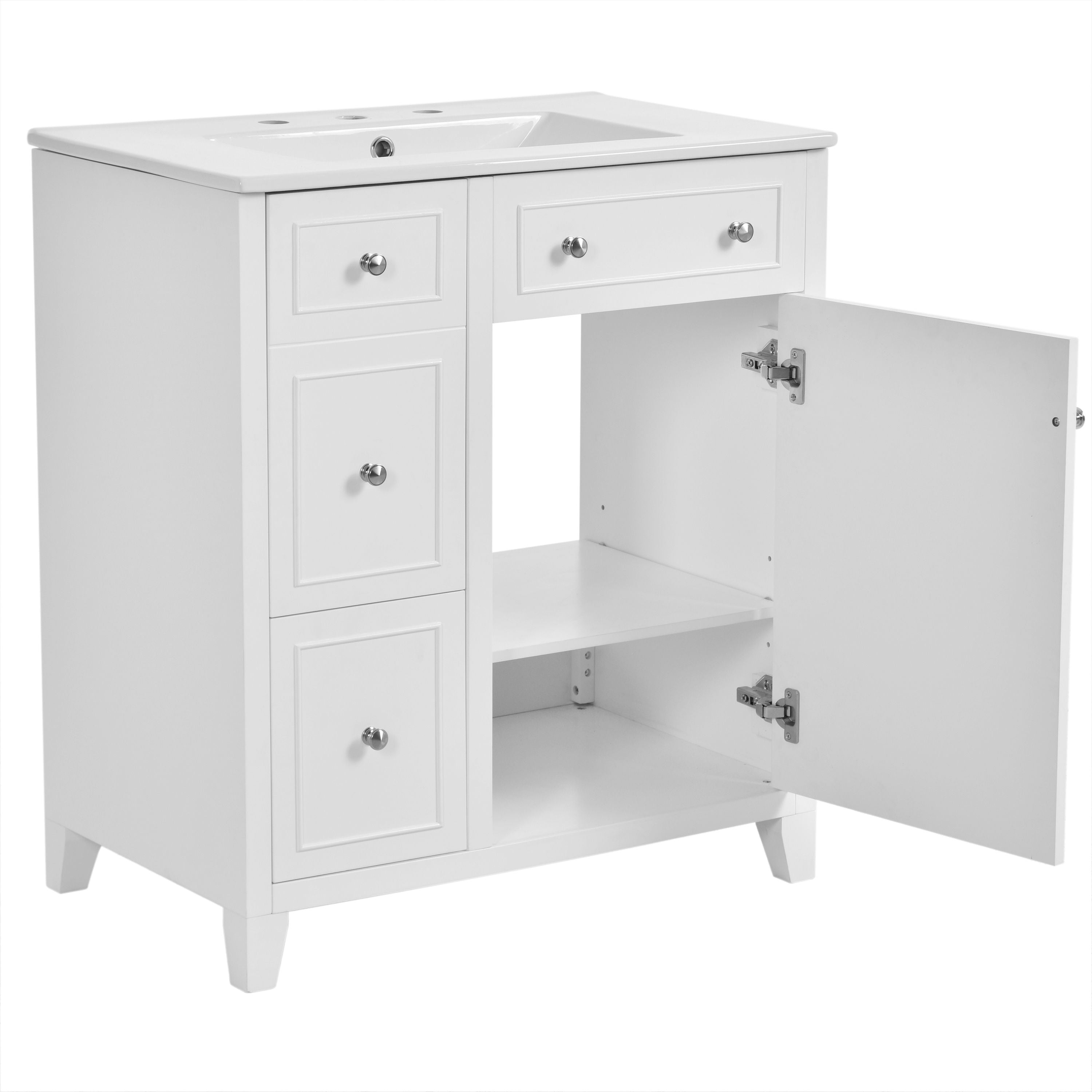 Bathroom Vanity Cabinet With Ceramic Basin, Double-Layer Drawer, Deep Drawer And Adjustable Shelf