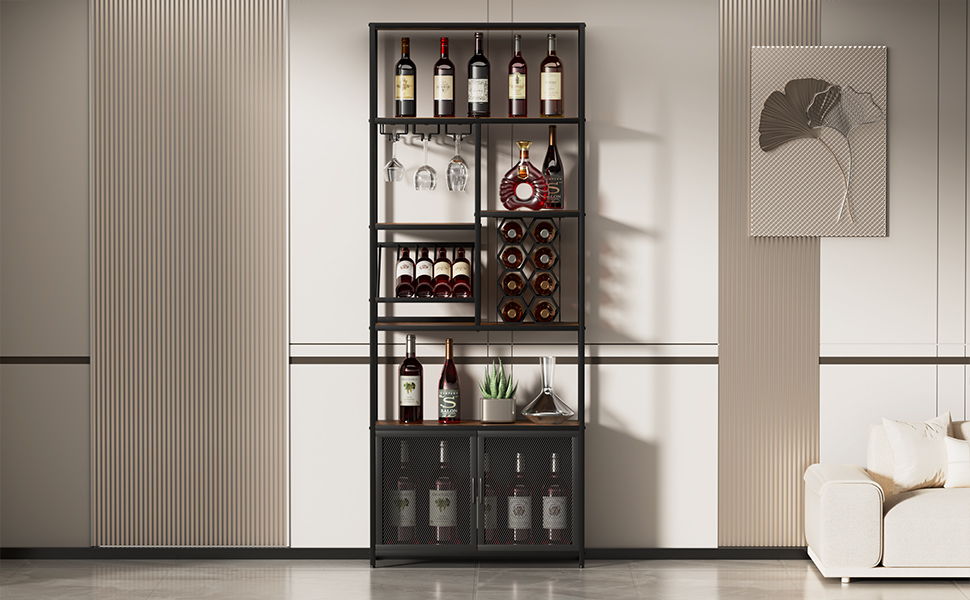 82.7" Industrial Standing Wine Rack With Glass Rack Tall Freestanding Floor Bar Cabinet - Walnut / Black