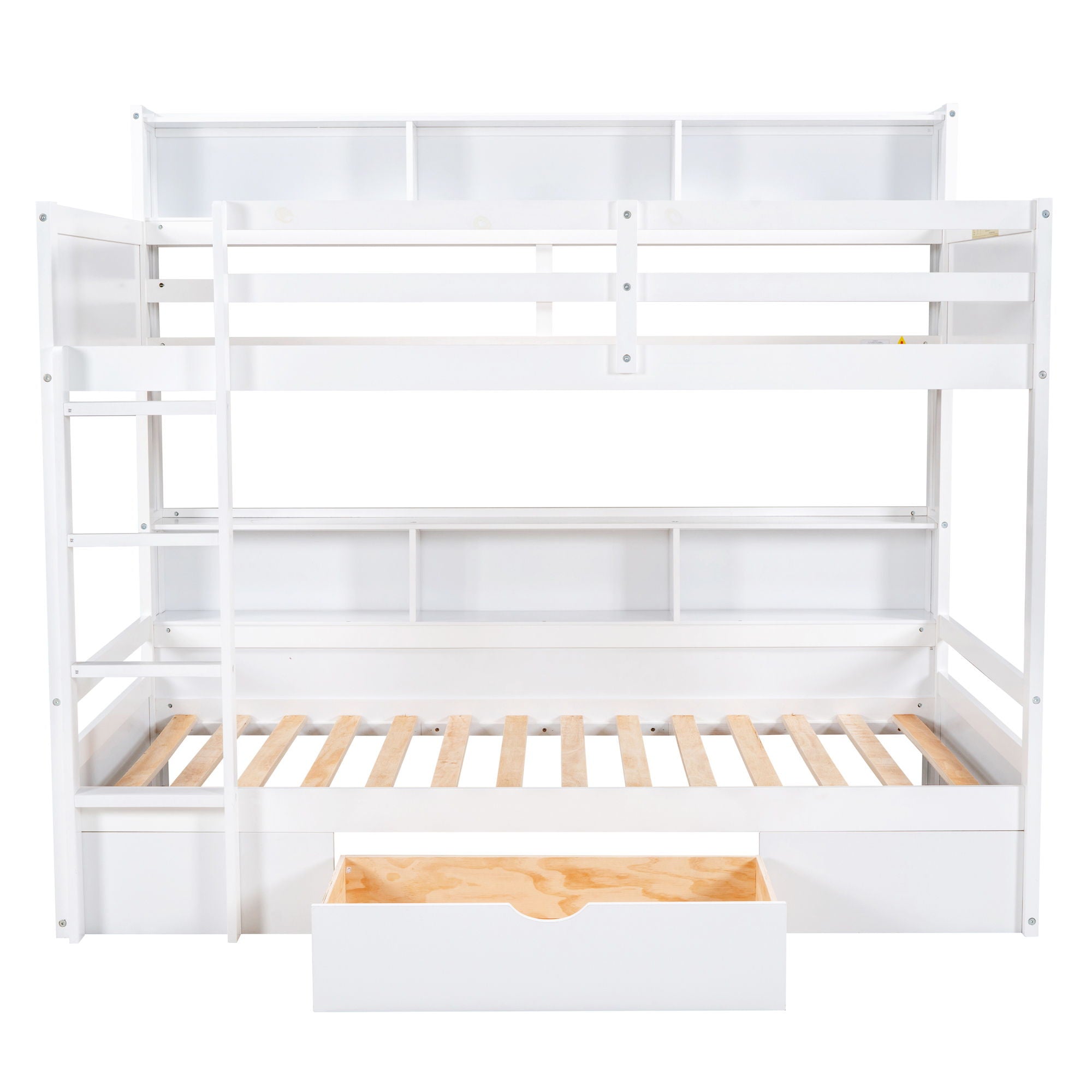 Twin Size Bunk Bed With Built-In Shelves Beside Both Upper And Down Bed And Storage Drawer