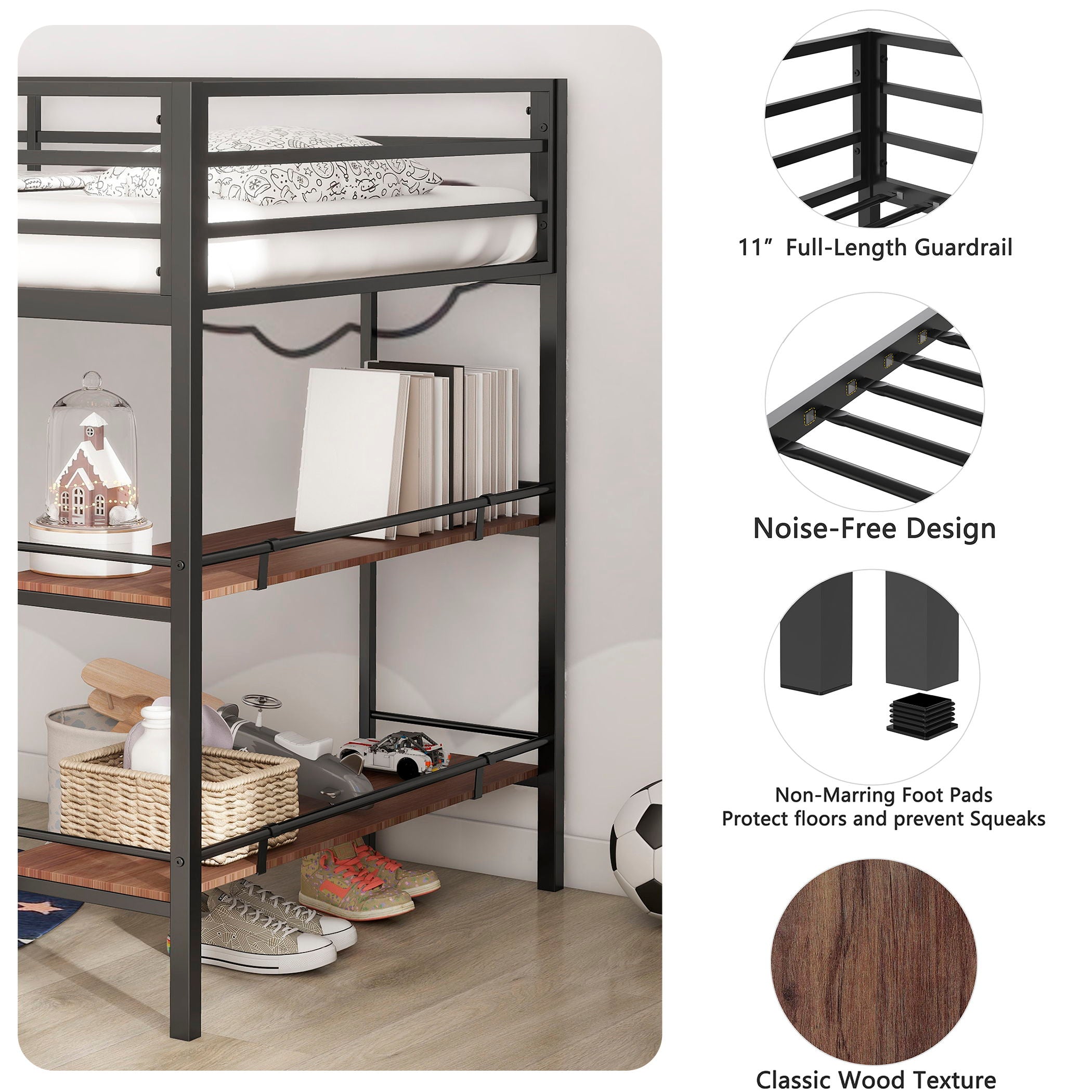 Adam - Junior Twin Loft Bunk Bed With Cinnamon Wood Shelf - Black