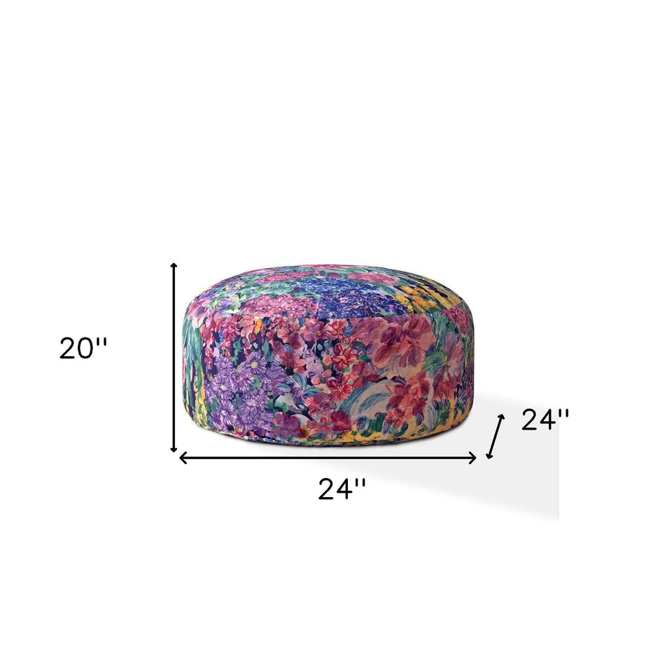 Cotton Round Floral Pouf Ottoman - Green