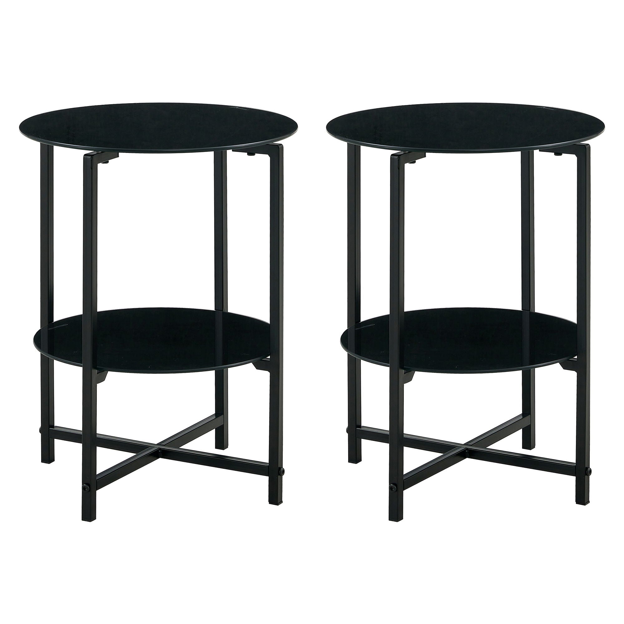 JWS Tempered Glass End Table (Set of 2) , Round Coffee Table For Bedroom Living Room Office - Black