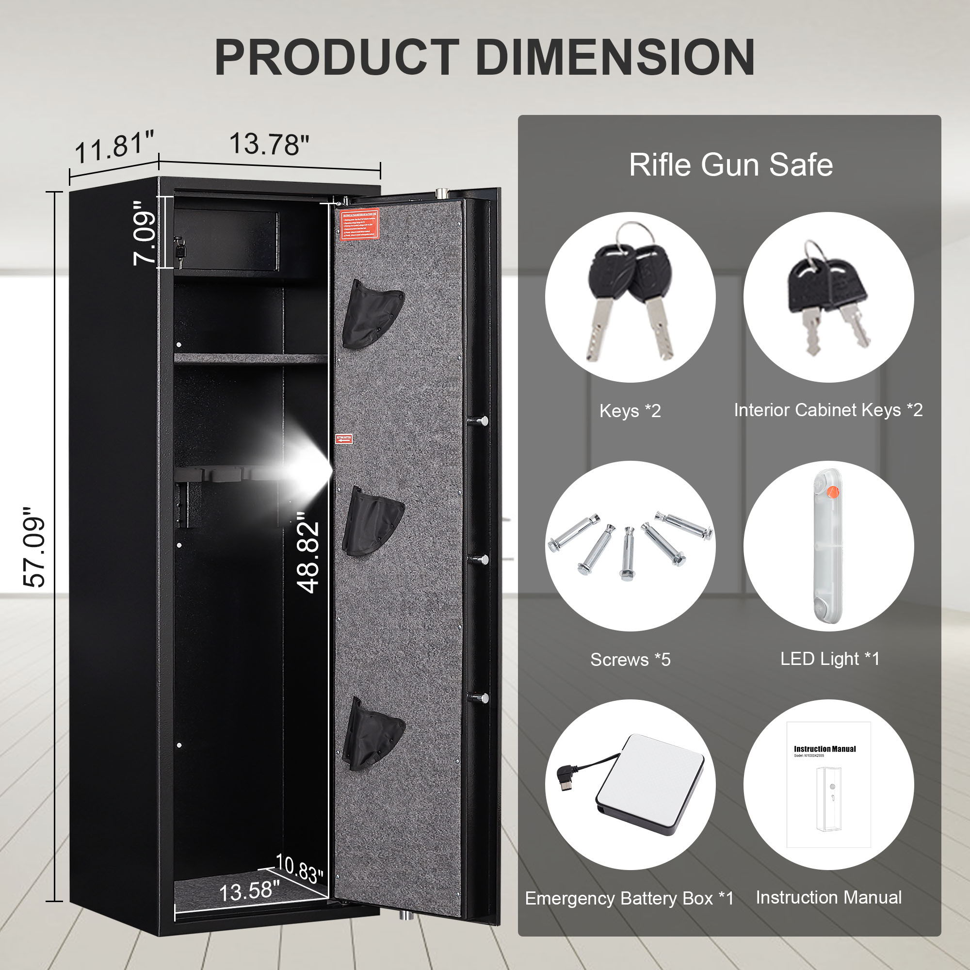 Large Steel Gun Cabinet, With Smart Combination Lock, Smart Alarm, Led Lights, Dividers And Gun Pouches, Is Anti-Smashing - Black