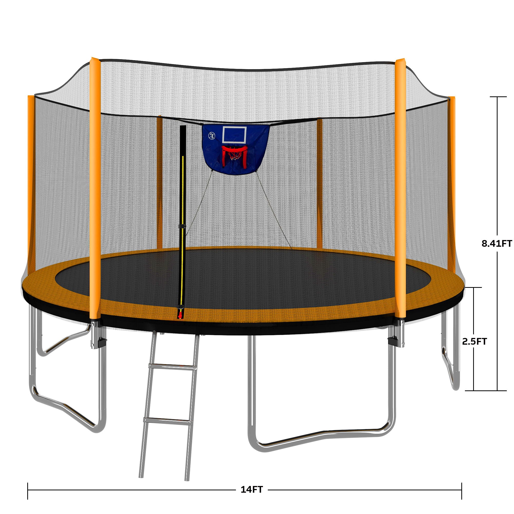 14Ft Powder Coated Advanced Trampoline With Basketball Hoop Inflator And Ladder (Outer Safety Enclosure) - Orange