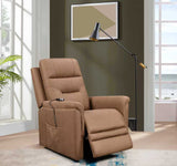 Camel brown power lift recliner with plush padded arms and remote