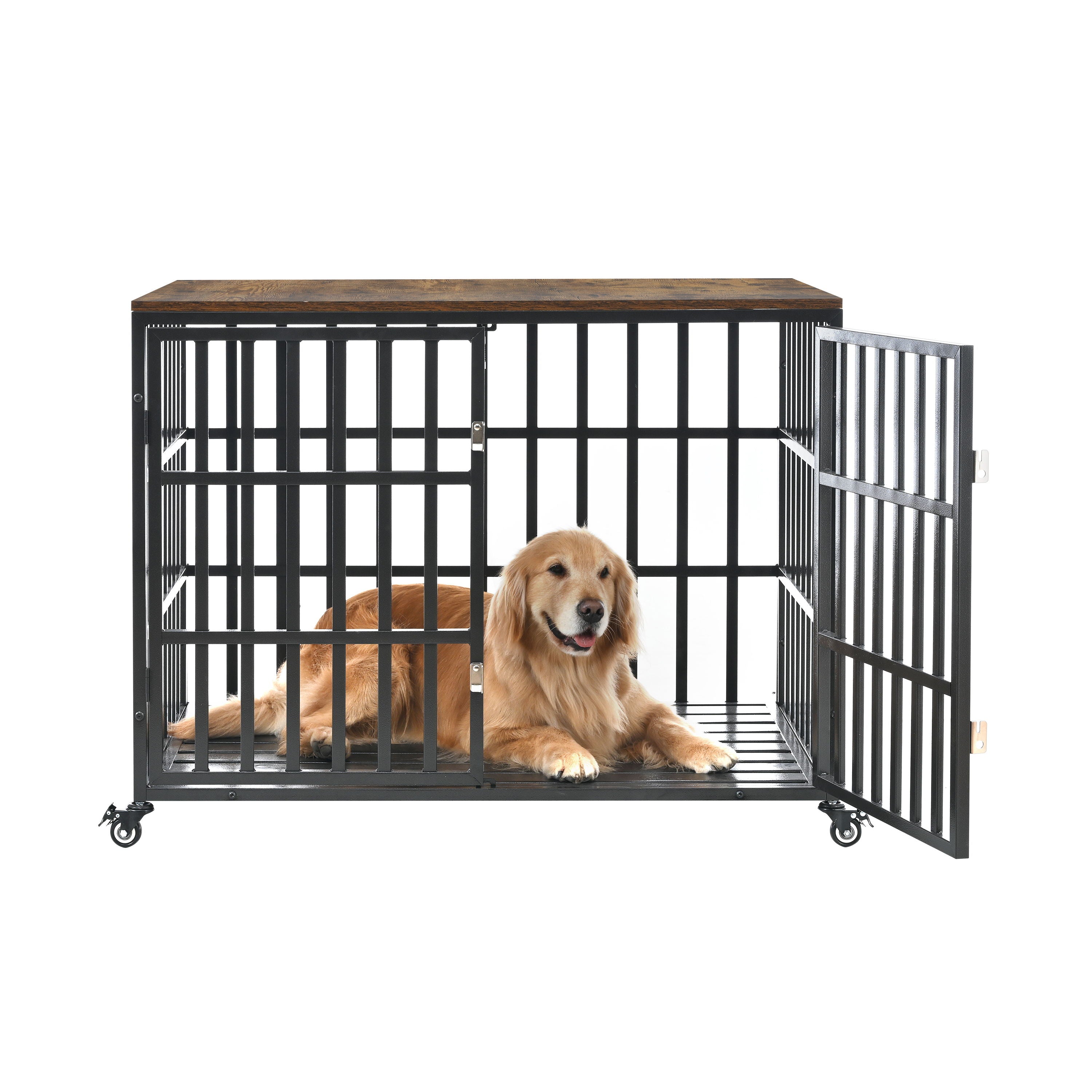 Heavy Duty Dog Crate For Large Medium Dogs, Furniture Style Cage With 4 Lockable Wheels And 2 Locks, Decorative Pet House Wooden Cage Kennel Furniture Indoor - Black