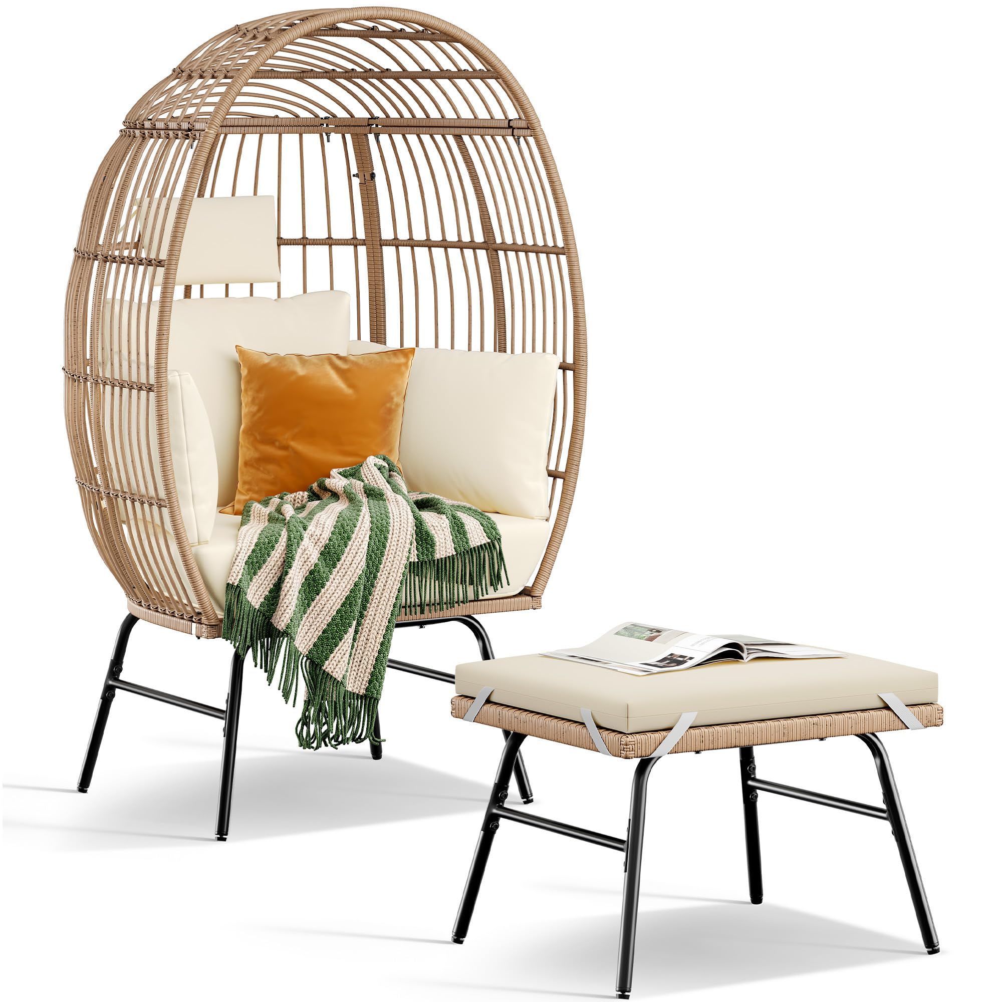 Outdoor Garden Wicker Egg Chair And Footstool Patio Chaise, With Cushions, Outdoor Indoor Basket Chair