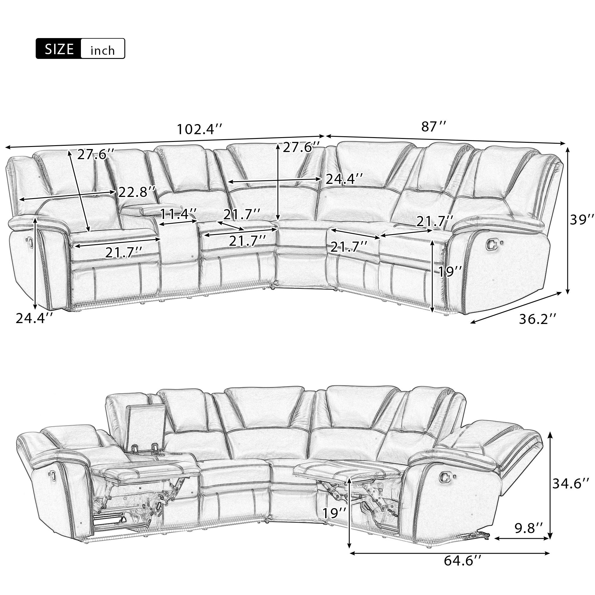 Modern Faux Leather Manual Reclining With Center Console And LED Light Strip, Living Room Furniture Set, PU Symmetrical Couch With 2 Cup Holders And Storage For Living Room