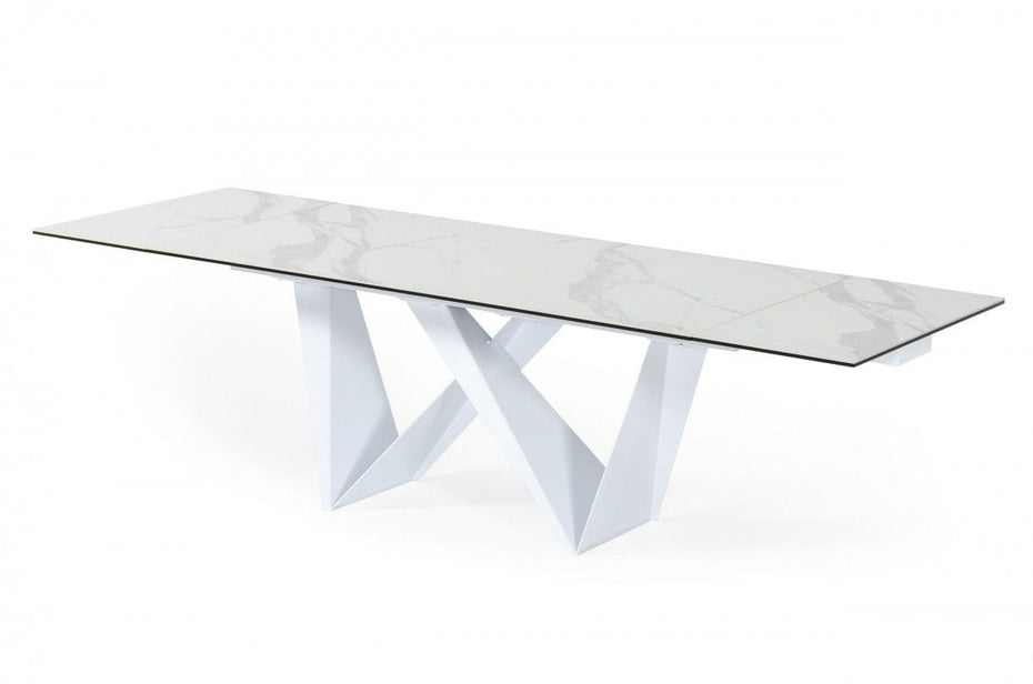 Rectangular Ceramic And Metal Self - Storing Leaf Dining Table - White