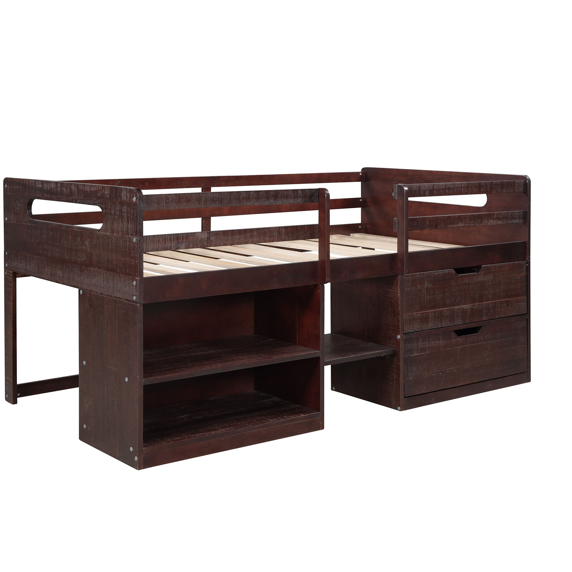 Twin Size Loft Bed With Two Shelves And Two Drawers