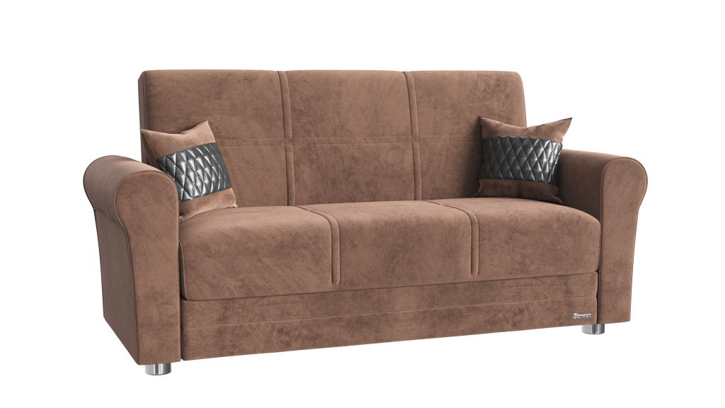 Microfiber Futon Convertible Sleeper Love Seat With Storage And Toss Pillows - Brown Silver