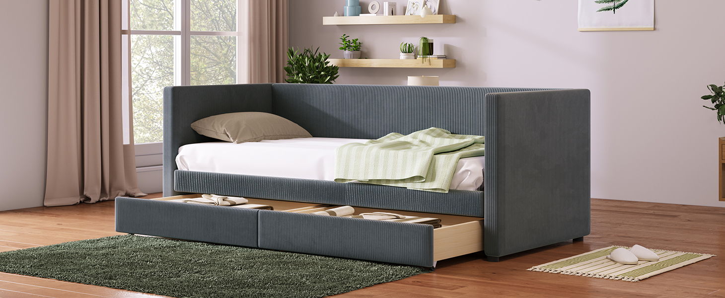 Twin Size Corduroy Daybed With Two Drawers And Wood Slat